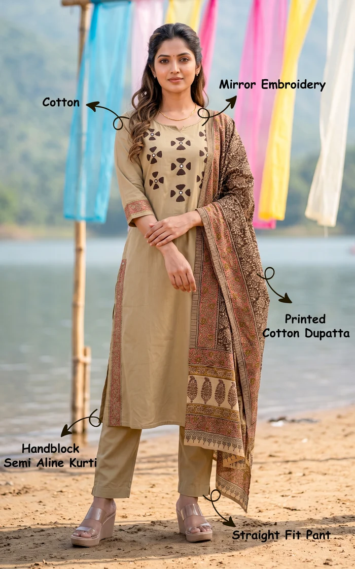 Beige Kalamkari style Straight-cut Cotton Kurta set